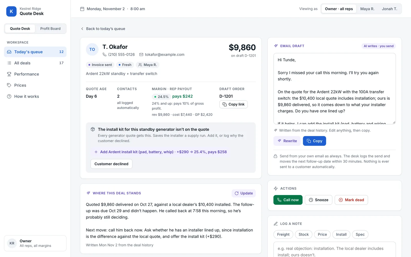 One deal in the Quote Desk on a made-up store: the quote's value, its margin and the rep's payout, and a suggested add-on before the invoice.